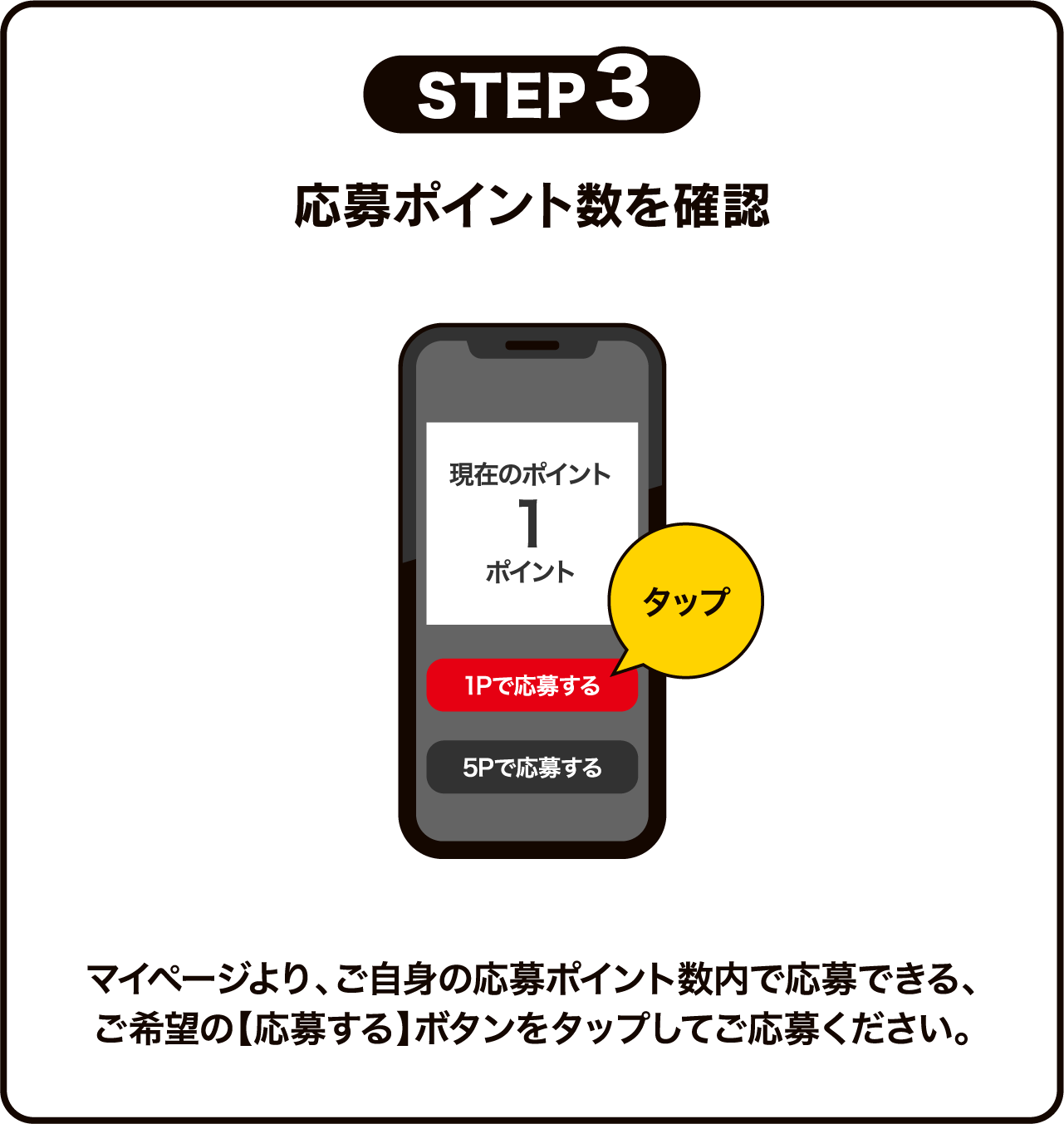 STEP3 応募ポイント数を確認 マイページより、ご自身の応募ポイント数内で応募できる、ご希望の【応募する】ボタンをタップしてご応募ください。