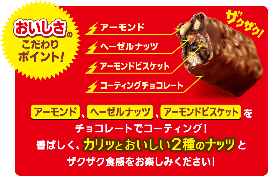 おいしさのこだわりポイント！アーモンド、ヘーゼルナッツ、アーモンドビスケットをチョコレートでコーティング!香ばしく、カリッとおいしい2種のナッツとザクザク食感をお楽しみください!